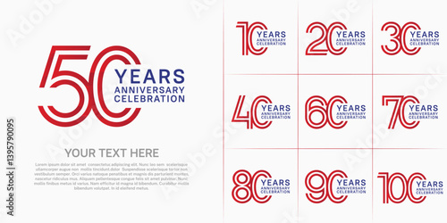 Anniversary logo set with double line number style. red and blue color can be use for special moment
