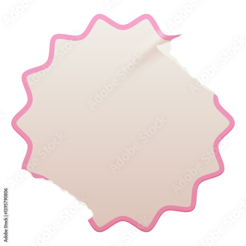 Retro blank beige and pink circular label with a ripped paper edge. Promotional blank element with an aged, worn look in grunge style. Wrinkled old shape for scrapbook designs, print, poster.