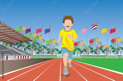 One athlete is practicing running in running track, vector design.