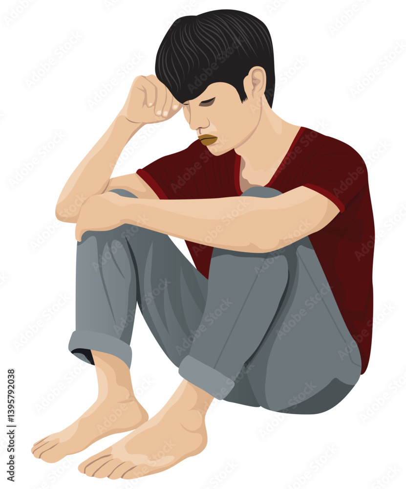 A young man sits hugging his knees, feeling sad.vector design