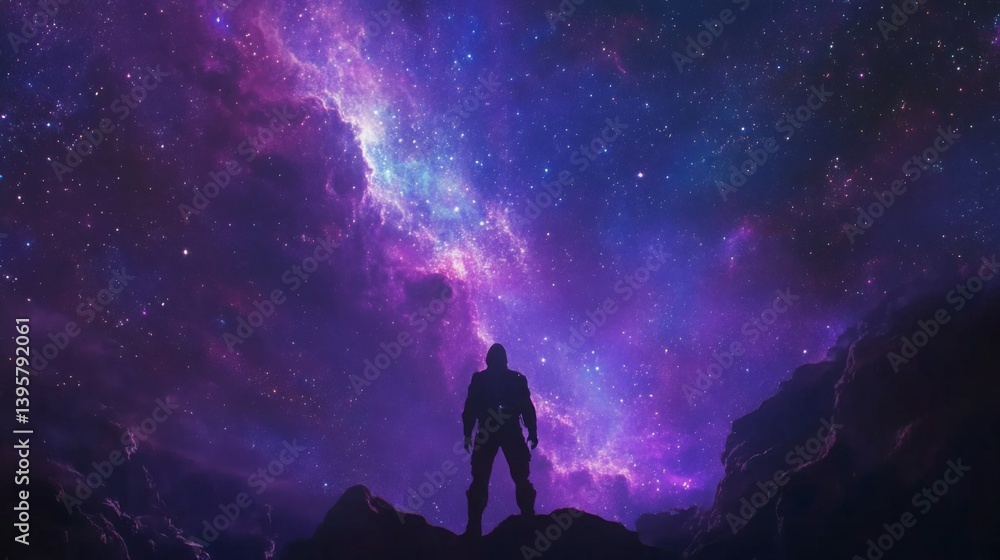 Stargazer stands against a cosmic background of swirling colors and starlights in a night sky filled with wonder Stargazer stands against a cosmic background of swirling colors and starlights in a night sky filled with wonder