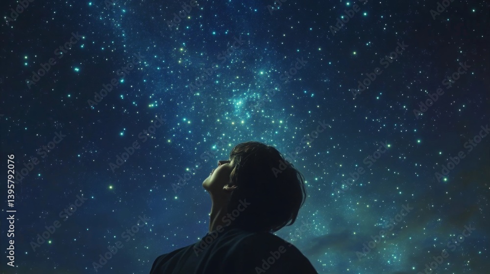 Naklejka premium Person gazes up at a starlit sky in a serene night landscape away from city lights