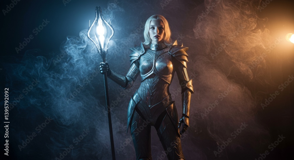 Naklejka premium Enigmatic armored woman standing amidst smoky illumination with mystic staff