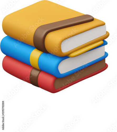 Colorful stack of 3D books with clay textures on a transparent background for educational or creative use