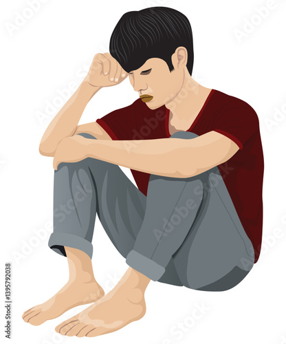 Obraz na płótnie A young man sits hugging his knees, feeling sad.vector design w salonie