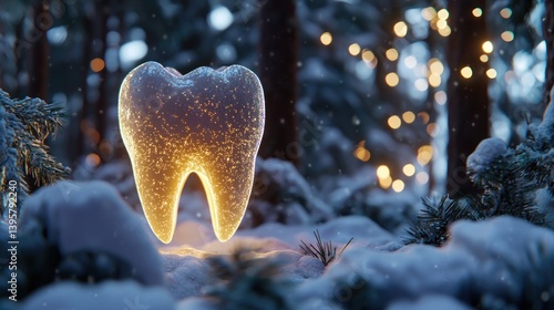 Glowing tooth in snowy winter forest; dental care
