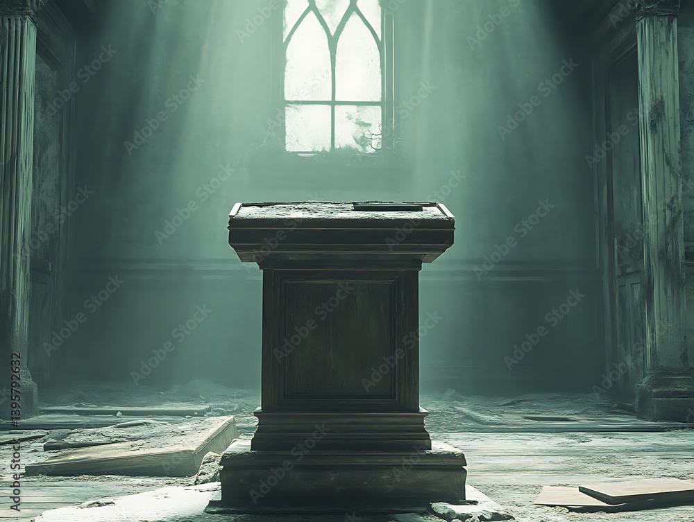 A weathered wooden lectern in a sun-drenched, abandoned church.
