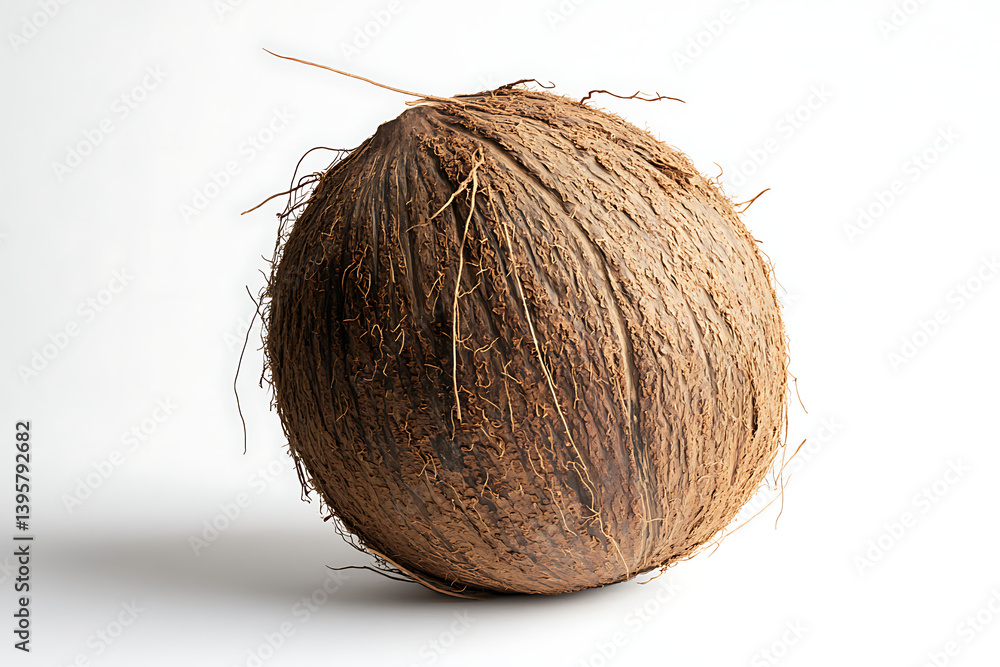 Whole Coconut with a Fibrous Shell, Isolated on White Whole Coconut with a Fibrous Shell, Isolated on White