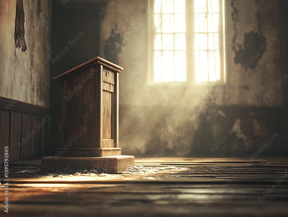 An antique wooden lectern in a dilapidated room.