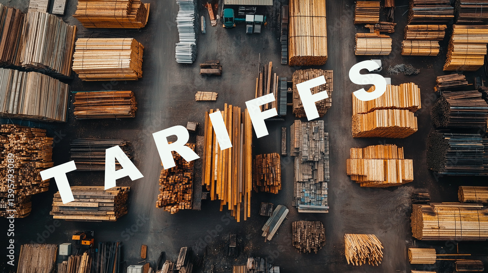 Lumber yard with tariffs word
