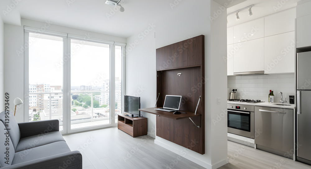 Fototapeta premium Studio Apartment Featuring a Foldable WallMounted Desk For Space Saving