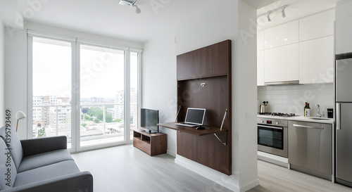 Wallpaper Mural Studio Apartment Featuring a Foldable WallMounted Desk For Space Saving Torontodigital.ca