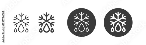 Defrost, melting, heater icon with water drop and snowflake symbol representing thawing, temperature control, cooling systems, and ice melting in flat vector design