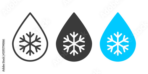 Defrost, melting, heater icon with water drop and snowflake symbol representing thawing, temperature control, cooling systems, and ice melting in flat vector design