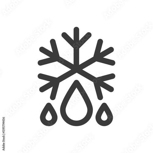 Defrost, melting, heater icon with water drop and snowflake symbol representing thawing, temperature control, cooling systems, and ice melting in flat vector design