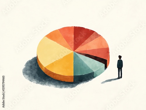 A large, colorful pie chart presents a complex analysis, while a person stands back, contemplating the data.