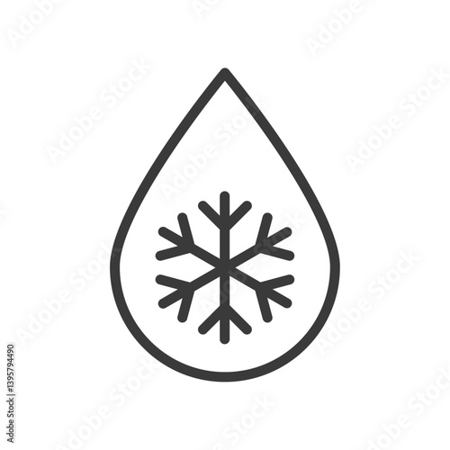 Defrost, melting, heater icon with water drop and snowflake symbol representing thawing, temperature control, cooling systems, and ice melting in flat vector design