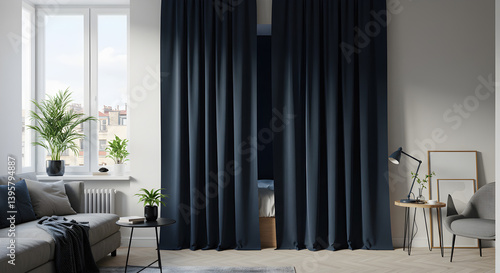 Stylish Studio Apartment Sleeping Alcove with Blackout Curtains Design