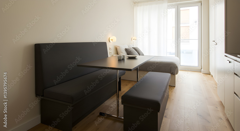 Fototapeta premium Compact Studio Apartment With Foldable Table And Bench Seat Design