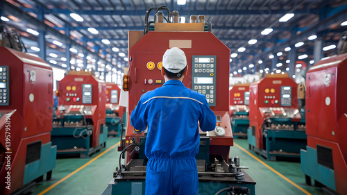 Optimizing Efficiency in Industrial Manufacturing: A Factory Worker Skillfully Operates a Complex Multi-Arm Machine with Safety and Precision