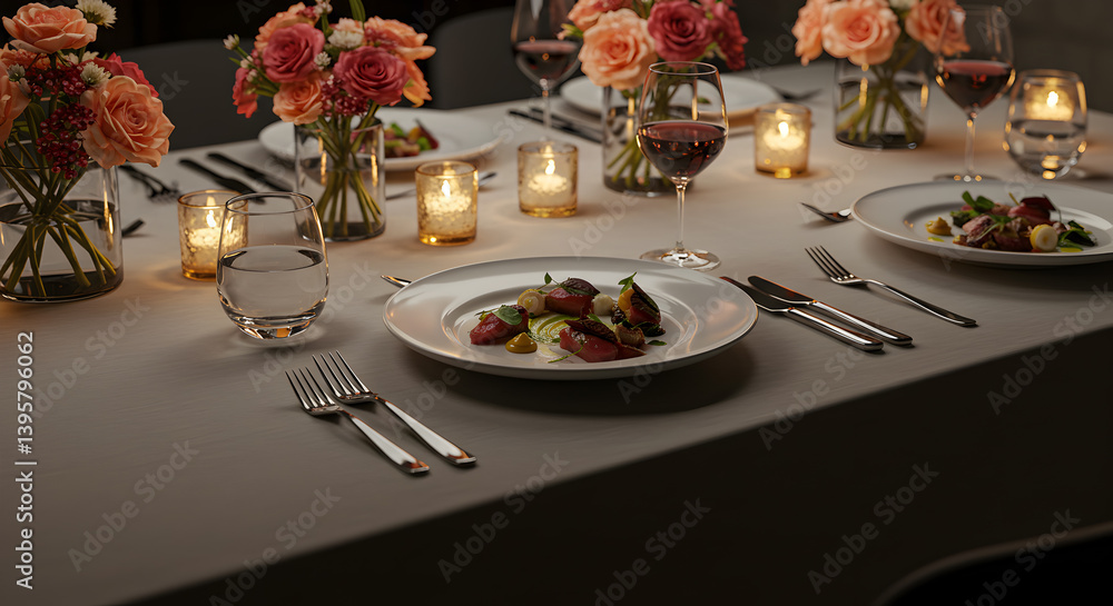 Elegant Dinner Table Featuring A Curated Chef?s Special Presentation Elegant Dinner Table Featuring A Curated Chef?s Special Presentation
