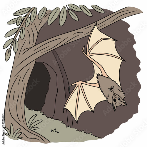 Cartoon Bat in Tree Hollow_Bat Flying From Tree Cave_Cute Halloween Bat Illustration_Bat Illustration for Kids_Cartoon Animal Bat in Nature