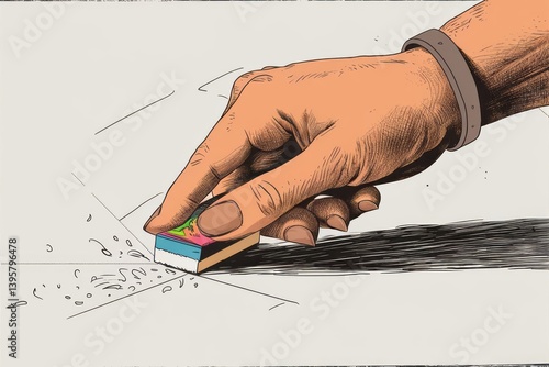 Detailed close-up of a hand using a vibrant eraser to remove pencil marks on paper, highlighting the precision of correction and creativity in everyday actions with colorful eraser