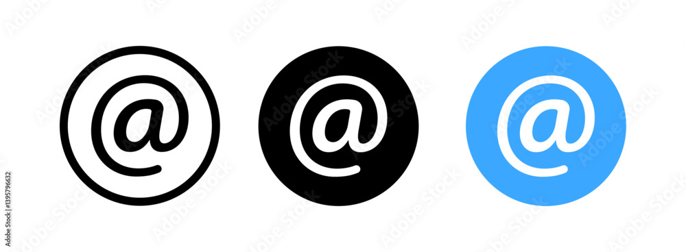 Email at symbol icons in outline, solid black, and blue circular styles, representing email, contact, communication, internet, and messaging in flat vector design Email at symbol icons in outline, solid black, and blue circular styles, representing email, contact, communication, internet, and messaging in flat vector design