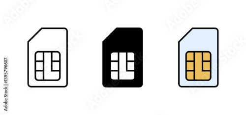 SIM card icons set in outline and solid black styles representing mobile, communication, network, storage, and cellular technology in flat vector design