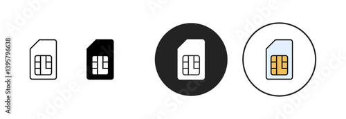 SIM card icons set in outline and solid black styles representing mobile, communication, network, storage, and cellular technology in flat vector design