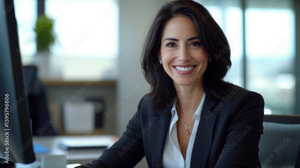 Obraz premium Professional woman smiling at desk in modern office during daytime, exuding confidence and approachability