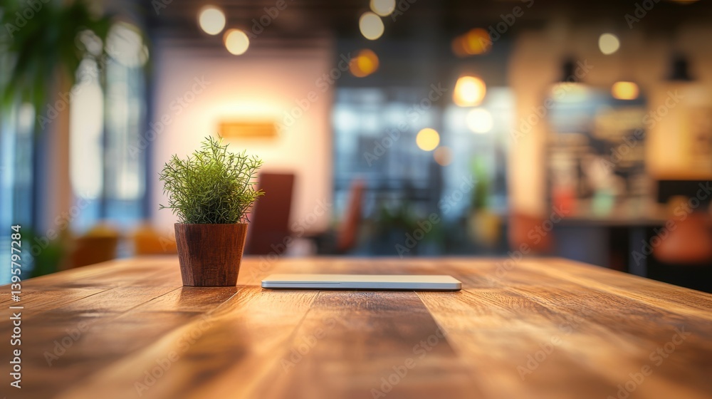 Wooden table with tablet and plant in a blurred cafe background. Wooden table with tablet and plant in a blurred cafe background.