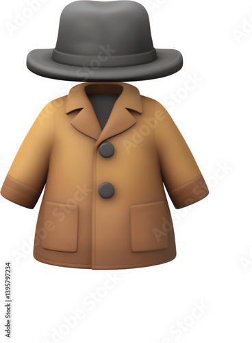 Stylized 3D representation of a brown coat and black hat on a transparent background