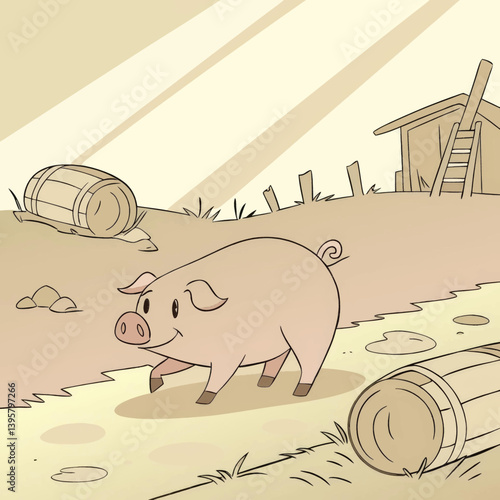 Cartoon Pig Farm_Cute Pig Illustration_Farm Animal Cartoon_Happy Farm Animal_Pig Barnyard Scene