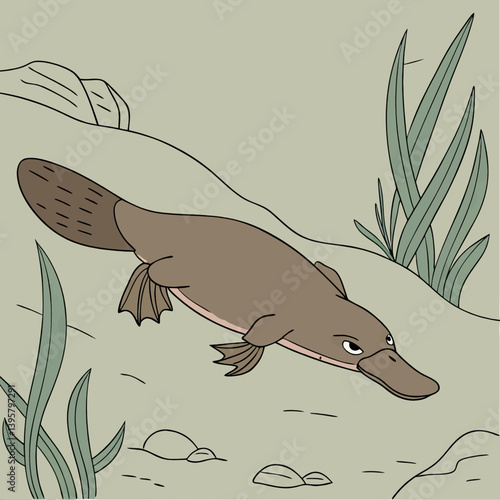 Cartoon Platypus Swimming in Water with Plants and Rocks