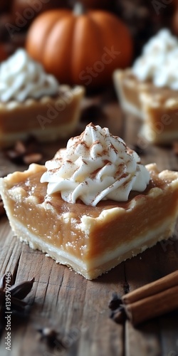 Pumpkin pie bars with whipped cream topping.