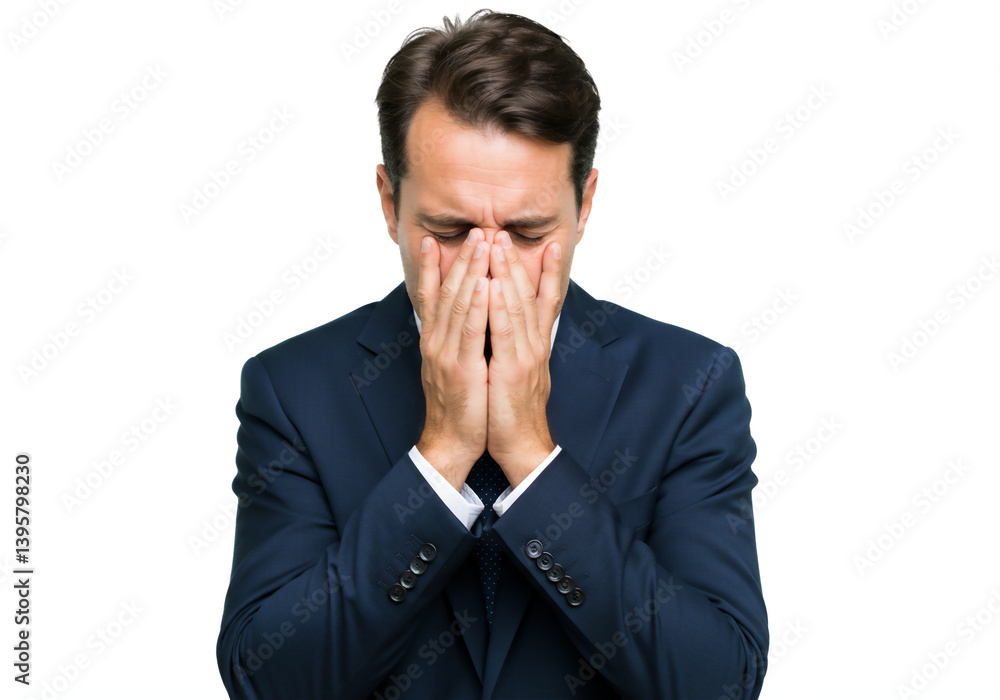 Stressed Businessman in Suit Covering Face, Overwhelmed, Frustrated, Worried, Business Failure, Problems, Mental Health Stressed Businessman in Suit Covering Face, Overwhelmed, Frustrated, Worried, Business Failure, Problems, Mental Health
