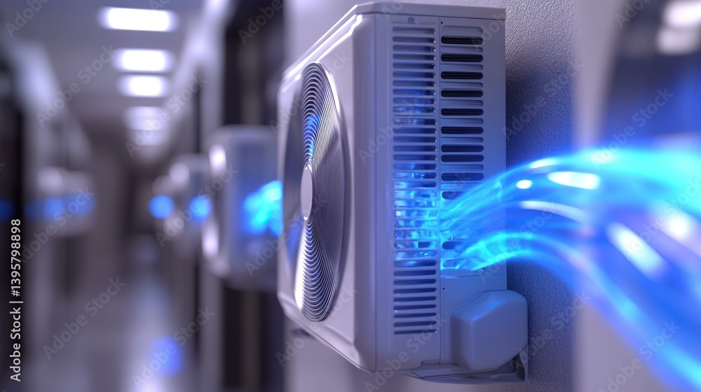 Fototapeta premium Wall-mounted air conditioner units connected by glowing lines