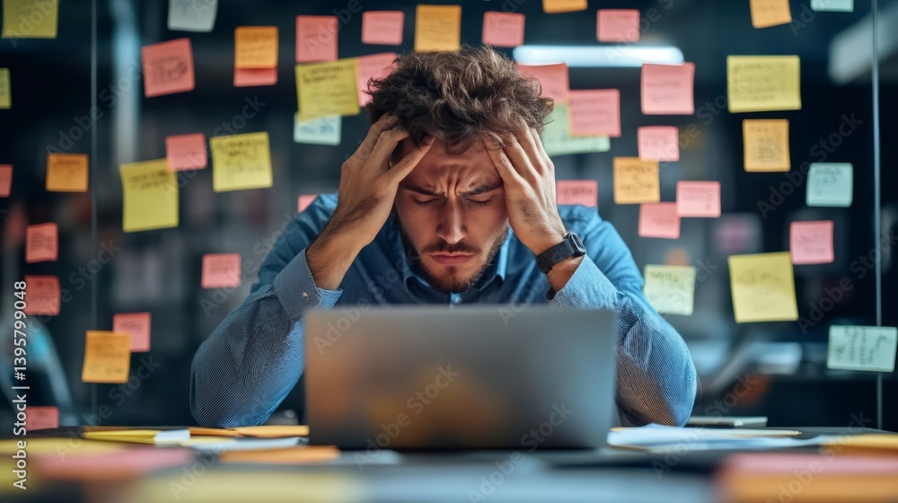 Stressed businessman having headache at work with sticky notes in background Stressed businessman having headache at work with sticky notes in background