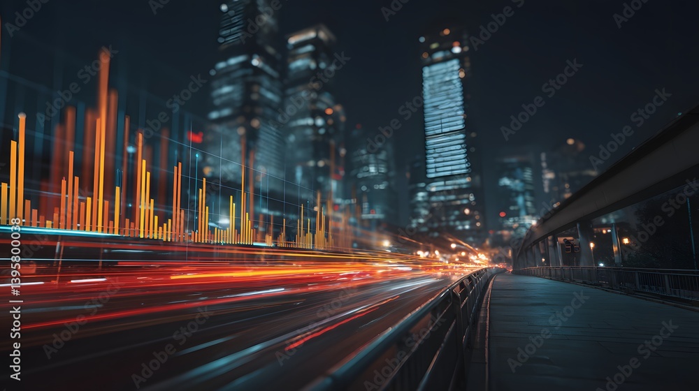 Fototapeta premium Cityscape at night with blurred car lights and illuminated skyscrapers.