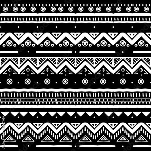 Black and white Ethnic seamless in native style. Vector pattern with African art decoration tribal geometric shape symbols. Folk background vector. Tent boarder backdrop. Abstract Aztec line motif