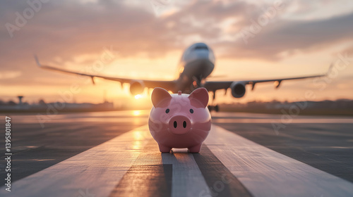 A piggy bank runway guiding a plane taking off, visualizing bonus accumulation and ticket savings