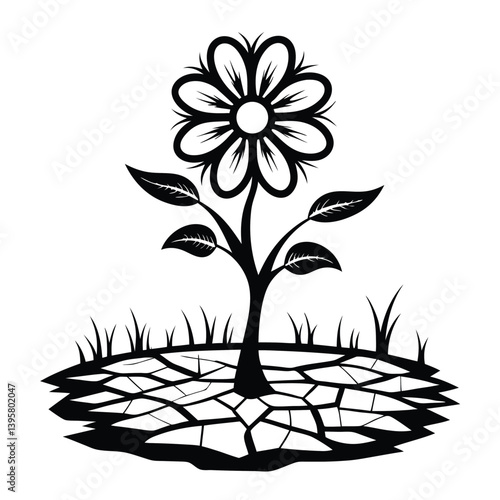 Black and White Floral Design Flower with Leaves, Cracked Earth, Grass, Isolated