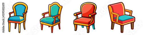 Collection of Four Colorful Armchairs with Elegant Designs and Upholstery