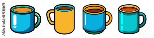 Collection of Colorful Coffee Mugs with Different Drinks