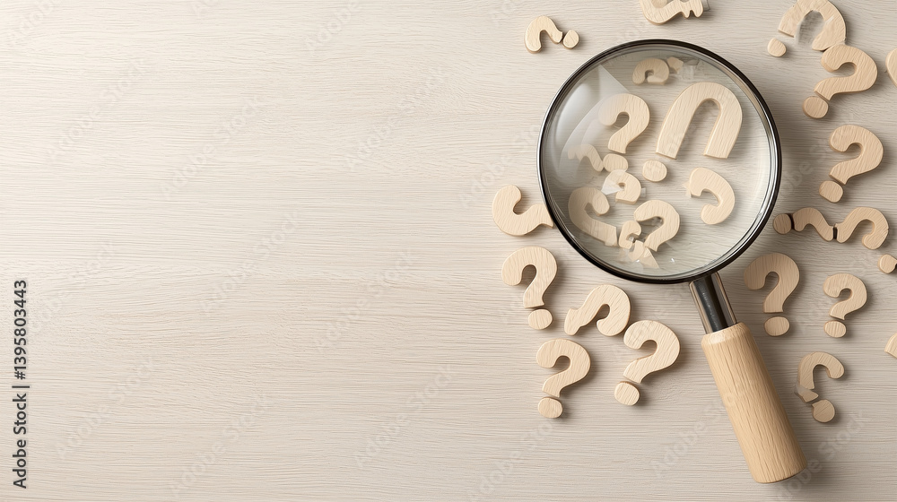 Magnifying glass over scattered question marks, symbolizing search for answers