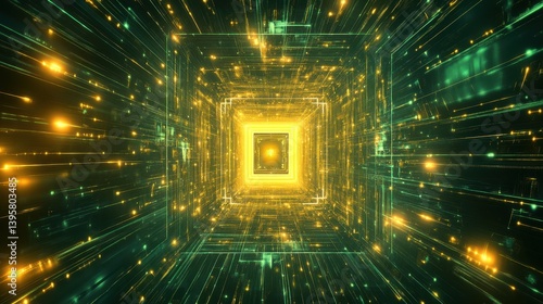 Quantum Chip Surrounded by Glowing Holographic Projection