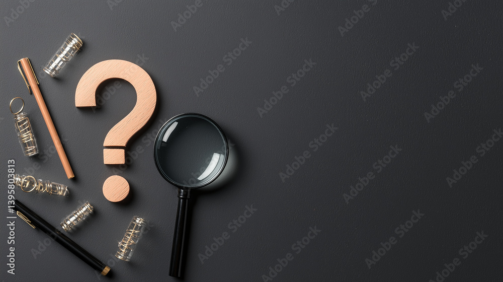 Magnifying glass focused on one bold question mark, analysis and attention to detail
