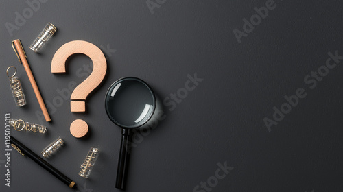 Magnifying glass focused on one bold question mark, analysis and attention to detail