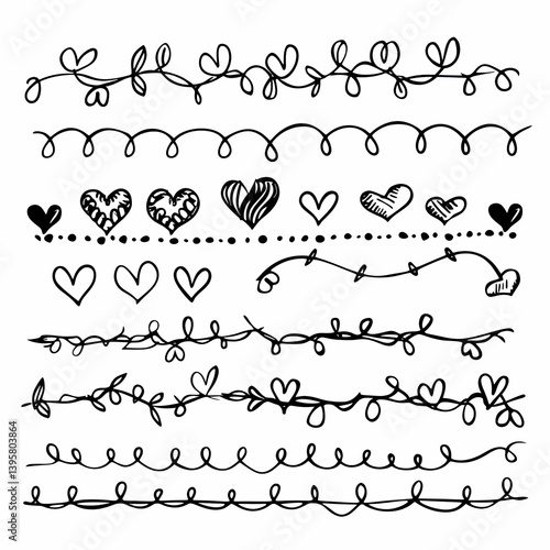 Hand drawn Hearts Borders. Decorative Dividers for Design